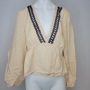 SHEIN Guipure Lace Detail  Lantern Sleeve Peplum Hem Blouse